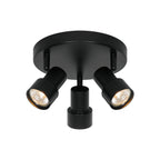Black three-light ceiling fixture on a white background
